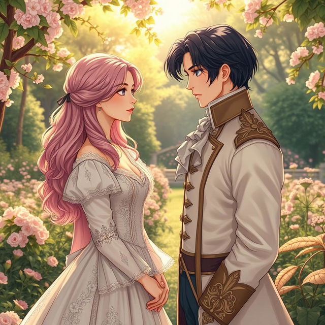 A detailed manhwa-style illustration set in 1800s Europe, portraying a fantasy romance between a 19-year-old girl and a grand duke