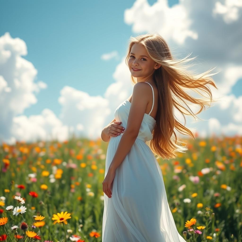 A beautiful girl with a graceful figure, standing elegantly in a sunlit meadow filled with colorful wildflowers