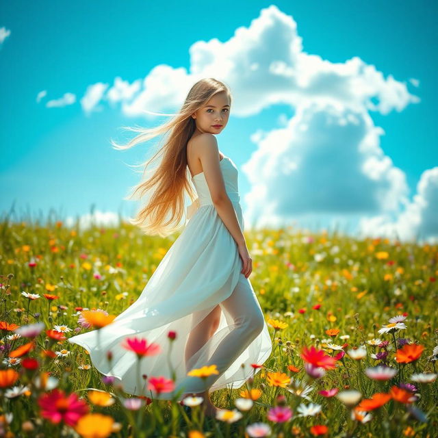 A beautiful girl with a graceful figure, standing elegantly in a sunlit meadow filled with colorful wildflowers