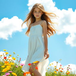 A beautiful girl with a graceful figure, standing elegantly in a sunlit meadow filled with colorful wildflowers