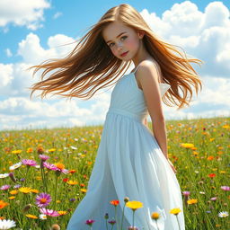 A beautiful girl with a graceful figure, standing elegantly in a sunlit meadow filled with colorful wildflowers