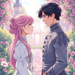 A stunning manhwa-style illustration depicting a fantasy romance scene set in 1800s Europe