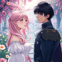 A stunning manhwa-style illustration depicting a fantasy romance scene set in 1800s Europe