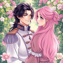 A stunning manhwa-style illustration depicting a fantasy romance scene set in 1800s Europe