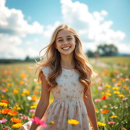 A charming young woman with a bright smile, wearing a flowy pastel dress in a floral pattern, standing in a sunlit meadow filled with vibrant wildflowers
