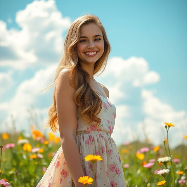 A charming young woman with a bright smile, wearing a flowy pastel dress in a floral pattern, standing in a sunlit meadow filled with vibrant wildflowers