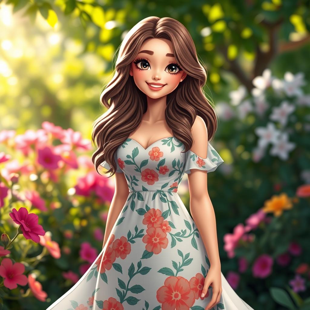 A charming female figure with an enchanting smile, adorned in a stylish floral dress that flows gracefully around her