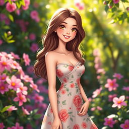 A charming female figure with an enchanting smile, adorned in a stylish floral dress that flows gracefully around her