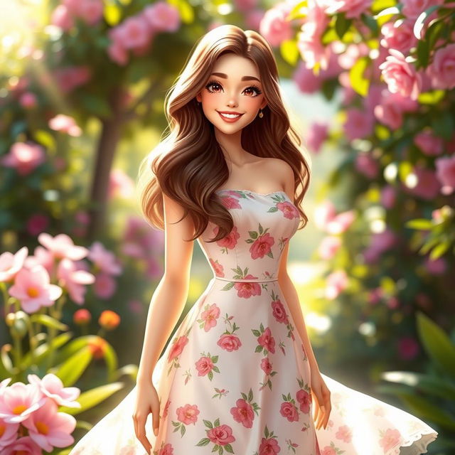 A charming female figure with an enchanting smile, adorned in a stylish floral dress that flows gracefully around her