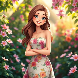 A charming female figure with an enchanting smile, adorned in a stylish floral dress that flows gracefully around her