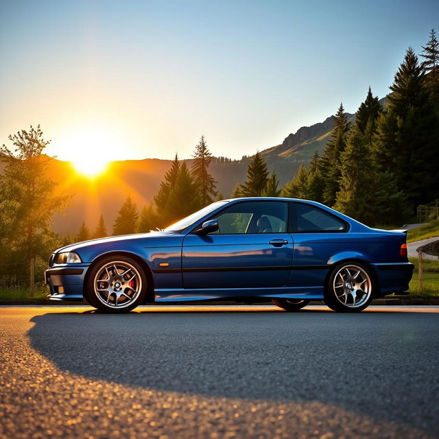 A stunning BMW E36 car parked on a scenic mountain road