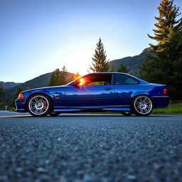 A stunning BMW E36 car parked on a scenic mountain road