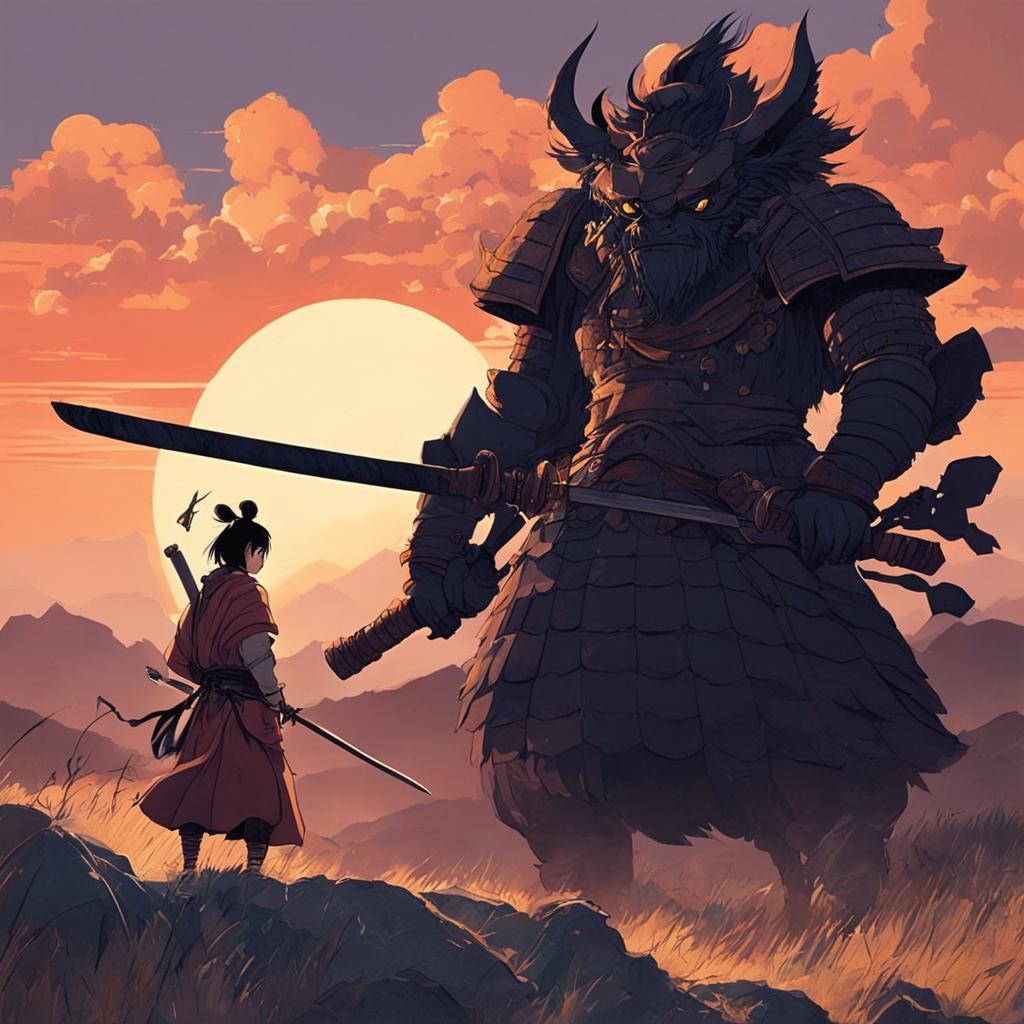 A Studio Ghibli-style image of a samurai poised for battle against a large, grotesque demon in a desolate landscape at sunset