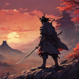 A Studio Ghibli-style image of a samurai poised for battle against a large, grotesque demon in a desolate landscape at sunset