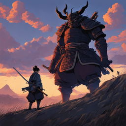 A Studio Ghibli-style image of a samurai poised for battle against a large, grotesque demon in a desolate landscape at sunset