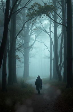 A poignant visual representation of grief, depicting a solitary figure walking along a winding path through a misty forest