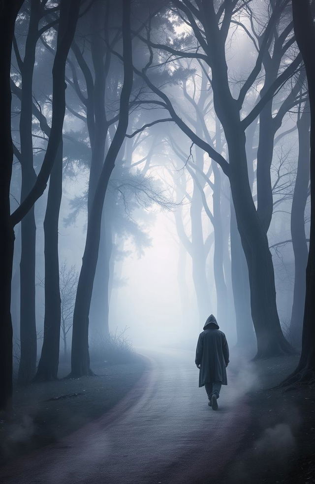 A poignant visual representation of grief, depicting a solitary figure walking along a winding path through a misty forest