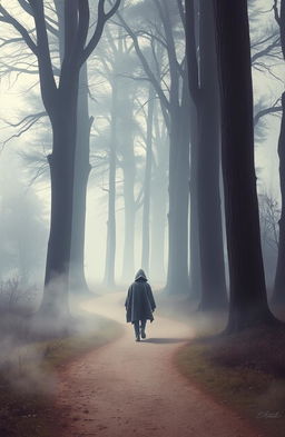 A poignant visual representation of grief, depicting a solitary figure walking along a winding path through a misty forest