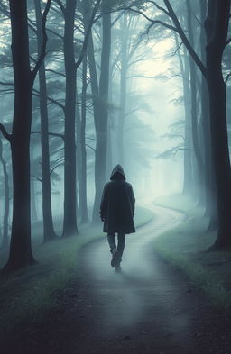 A poignant visual representation of grief, depicting a solitary figure walking along a winding path through a misty forest