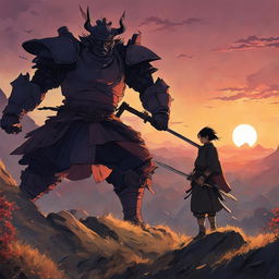 A Studio Ghibli-style image of a samurai poised for battle against a large, grotesque demon in a desolate landscape at sunset