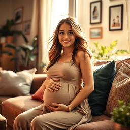 A beautiful scene of a pregnant girl sitting comfortably in a cozy living room inside a house