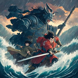 A Studio Ghibli-style image of a samurai and a demon locked in a fierce battle amidst a stormy sea.