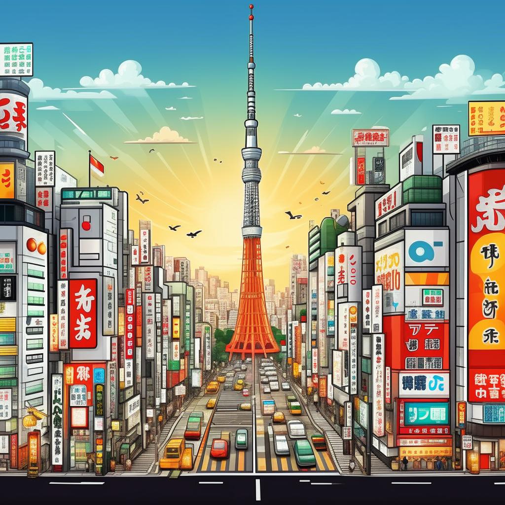 Create a fun, simplistic, cartoon version of the capital city Tokyo, making sure to include easily recognizable features like the Tokyo Skytree and the Shibuya crossing.