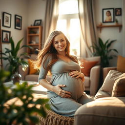 A beautiful scene of a pregnant girl sitting comfortably in a cozy living room inside a house