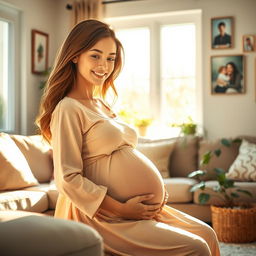 A beautiful scene of a pregnant girl sitting comfortably in a cozy living room inside a house