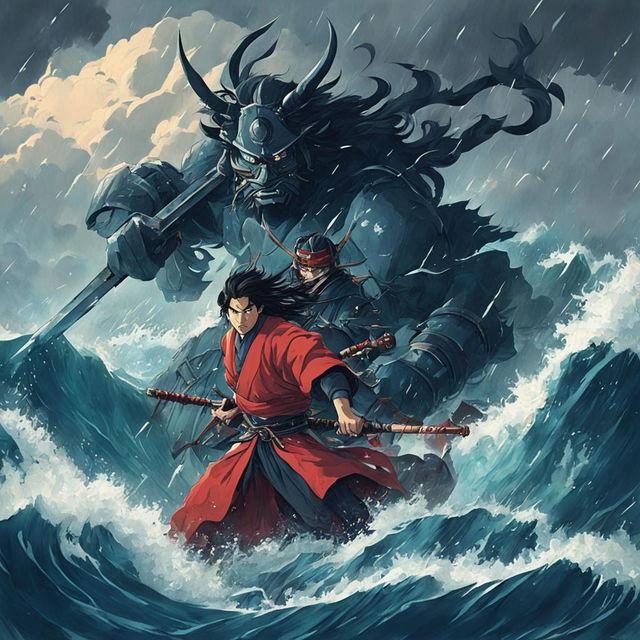 A Studio Ghibli-style image of a samurai and a demon locked in a fierce battle amidst a stormy sea.