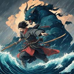 A Studio Ghibli-style image of a samurai and a demon locked in a fierce battle amidst a stormy sea.