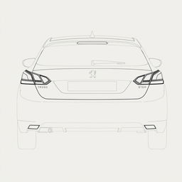 Linear design blueprint of the rear view of a Peugeot 308, showcasing detailed technical specifications and measurements