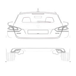 Linear design blueprint of the rear view of a Peugeot 308, showcasing detailed technical specifications and measurements