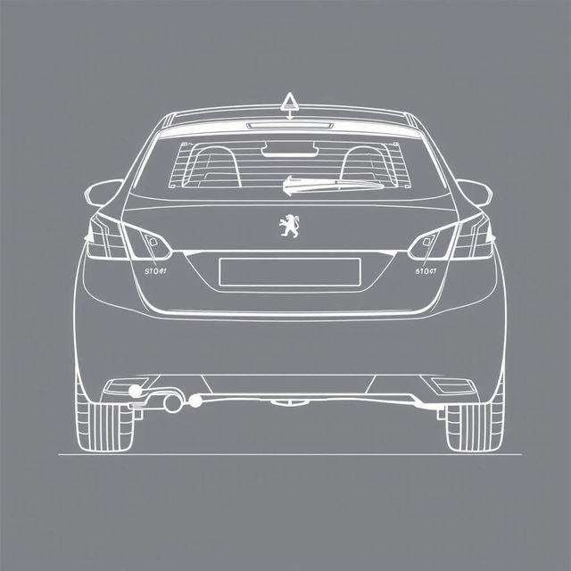 Linear design blueprint of the rear view of a Peugeot 308, showcasing detailed technical specifications and measurements