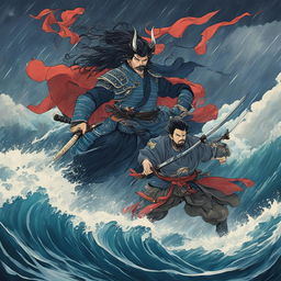 A Studio Ghibli-style image of a samurai and a demon locked in a fierce battle amidst a stormy sea.