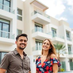 A smiling man and woman standing together in front of a modern residential building in Doha, Qatar