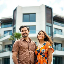 A smiling man and woman standing together in front of a modern residential building in Doha, Qatar