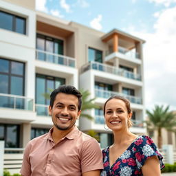 A smiling man and woman standing together in front of a modern residential building in Doha, Qatar