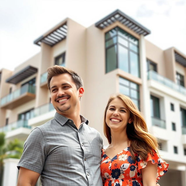 A smiling man and woman standing together in front of a modern residential building in Doha, Qatar