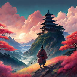 A Studio Ghibli-style image of a samurai about to enter the vibrant and ethereal realm of the gods from a muted earthly landscape