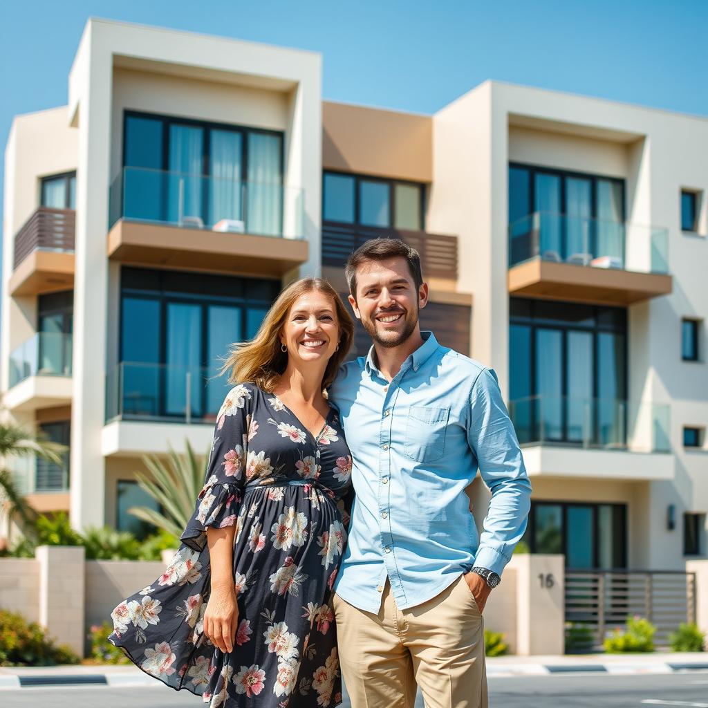 A smiling man and woman standing together in front of a contemporary residential building in Doha, Qatar