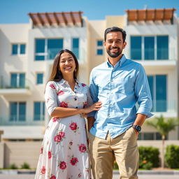 A smiling man and woman standing together in front of a contemporary residential building in Doha, Qatar