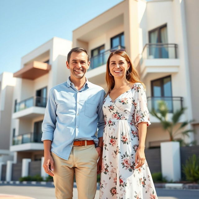 A smiling man and woman standing together in front of a contemporary residential building in Doha, Qatar