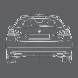 Linear design blueprint of the rear view of a Peugeot 308, emphasizing bold and marked lines that clearly define the shape of the car's rear
