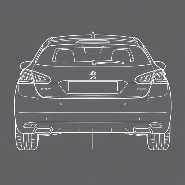 Linear design blueprint of the rear view of a Peugeot 308, emphasizing bold and marked lines that clearly define the shape of the car's rear