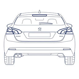 Linear design blueprint of the rear view of a Peugeot 308, emphasizing bold and marked lines that clearly define the shape of the car's rear