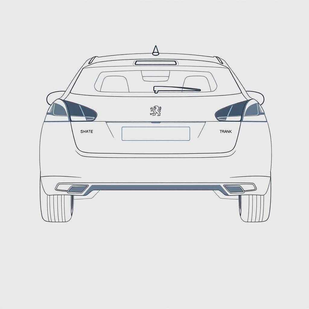 Linear design blueprint of the rear view of a Peugeot 308, emphasizing bold and marked lines that clearly define the shape of the car's rear