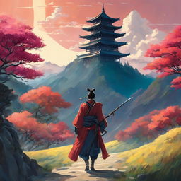 A Studio Ghibli-style image of a samurai about to enter the vibrant and ethereal realm of the gods from a muted earthly landscape