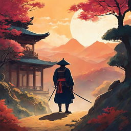 A Studio Ghibli-style image of a samurai about to enter the vibrant and ethereal realm of the gods from a muted earthly landscape