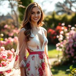 A beautiful 22-year-old woman wearing an open-type dress, featuring intricate lace details, flowing fabric, and a vibrant floral pattern